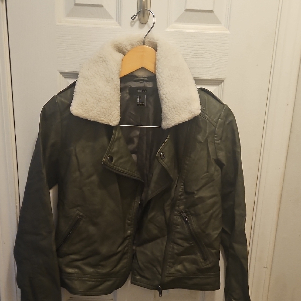 Olive Green Jacket with Cream Collar